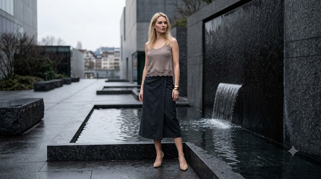 Scalloped Lace Edge Shell Top & Wool Wrap Skirt